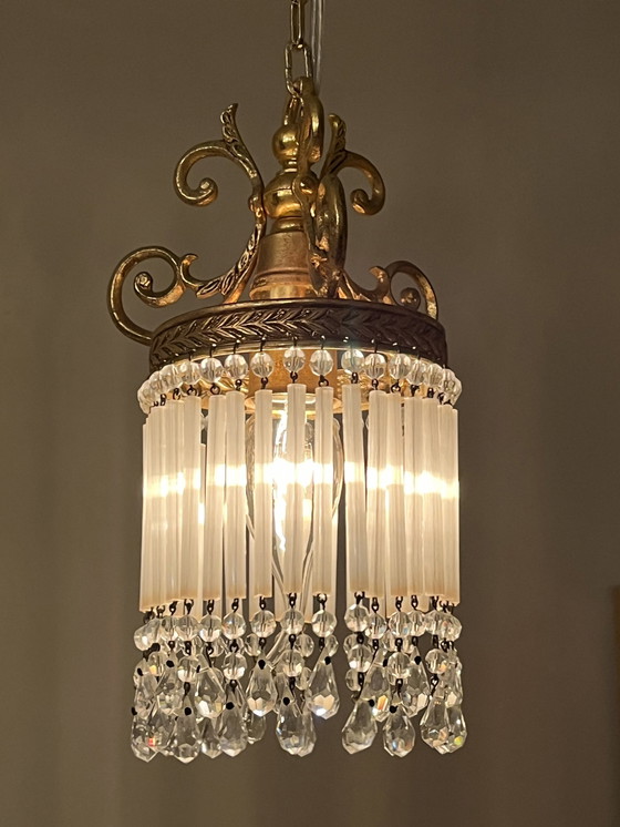 Image 1 of Set Of 2 Belle Epoque Pendant Lamps Crystal Pearls And Opaline Rods