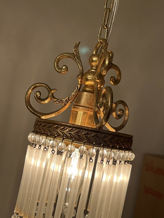 Image 1 of Set Of 2 Belle Epoque Pendant Lamps Crystal Pearls And Opaline Rods