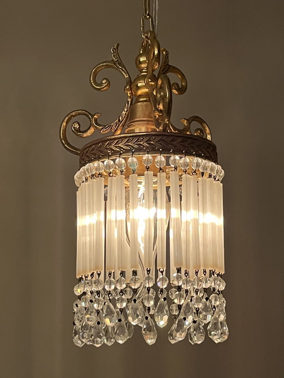 Image 1 of Set Of 2 Belle Epoque Pendant Lamps Crystal Pearls And Opaline Rods