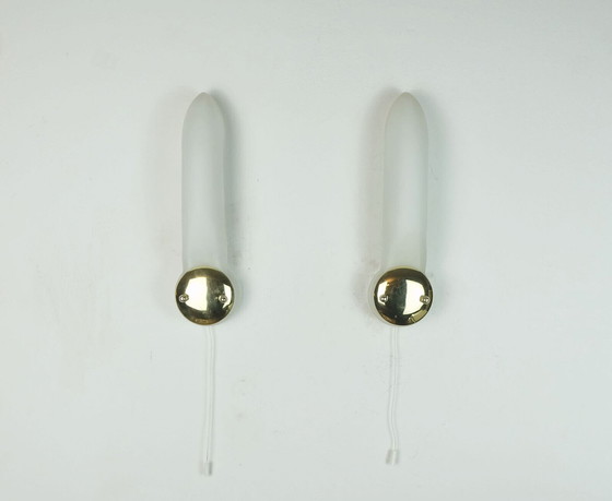 Image 1 of pair of long narrow honsel 1990s SCONCES white glass satin glass and brass