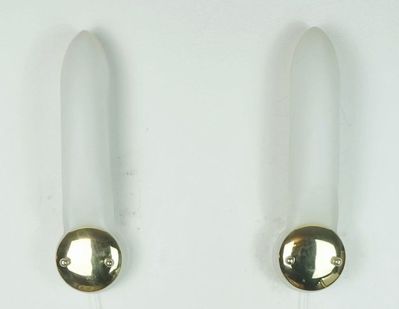 Image 1 of pair of long narrow honsel 1990s SCONCES white glass satin glass and brass