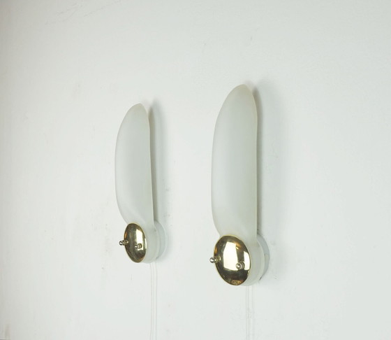 Image 1 of pair of long narrow honsel 1990s SCONCES white glass satin glass and brass