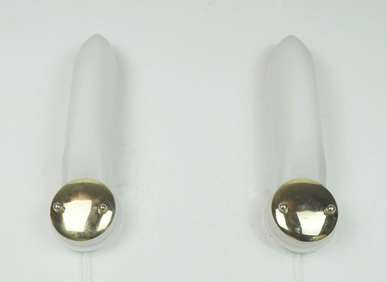 Image 1 of pair of long narrow honsel 1990s SCONCES white glass satin glass and brass