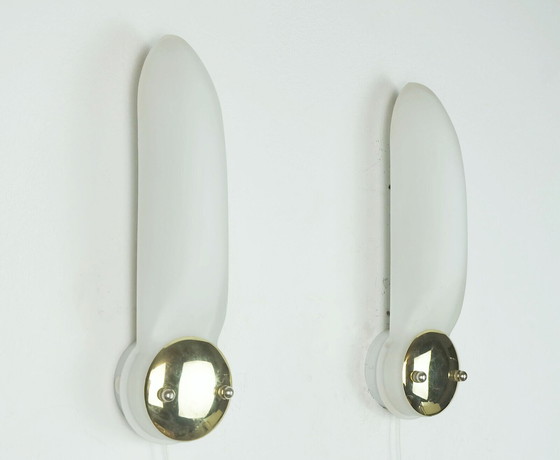 Image 1 of pair of long narrow honsel 1990s SCONCES white glass satin glass and brass