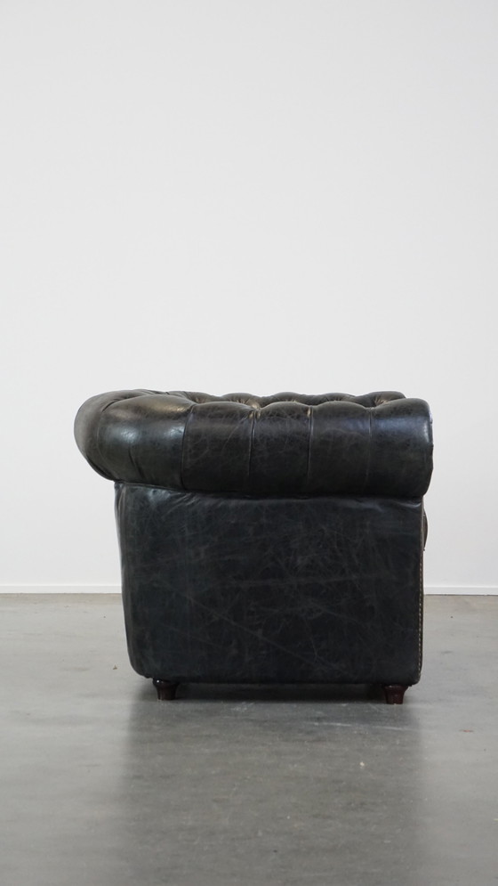 Image 1 of Black Beef Leather Chesterfield Armchair