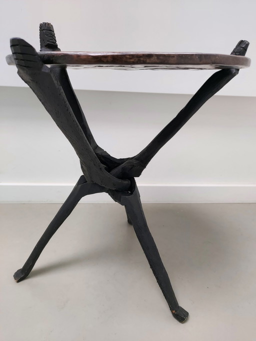 African Folding Table, Double-Sided Carved Leaf.