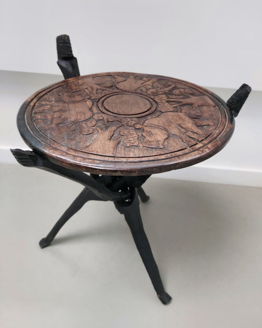 African Folding Table, Double-Sided Carved Leaf.