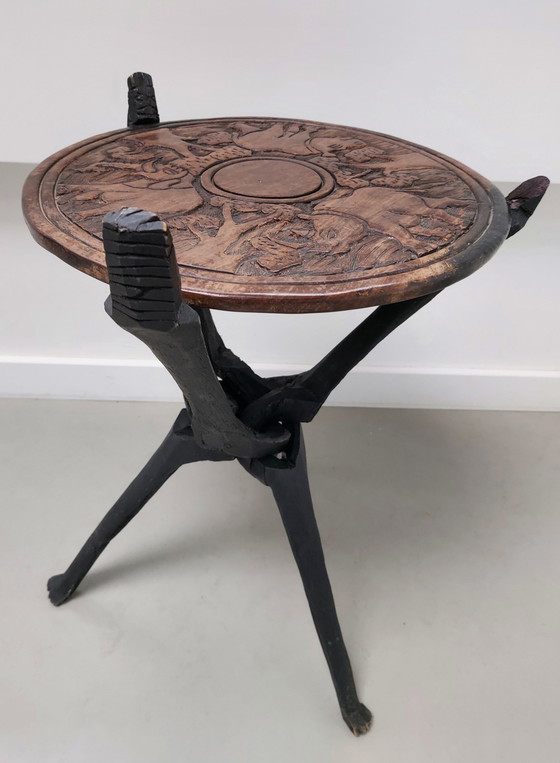 Image 1 of African Folding Table, Double-Sided Carved Leaf.