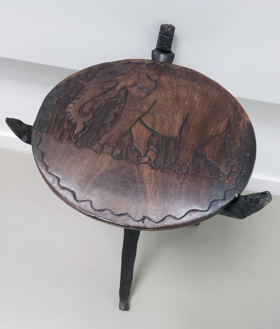 Image 1 of African Folding Table, Double-Sided Carved Leaf.