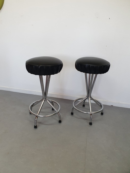 Stool (2) chrome tubular frame, black skai leather.