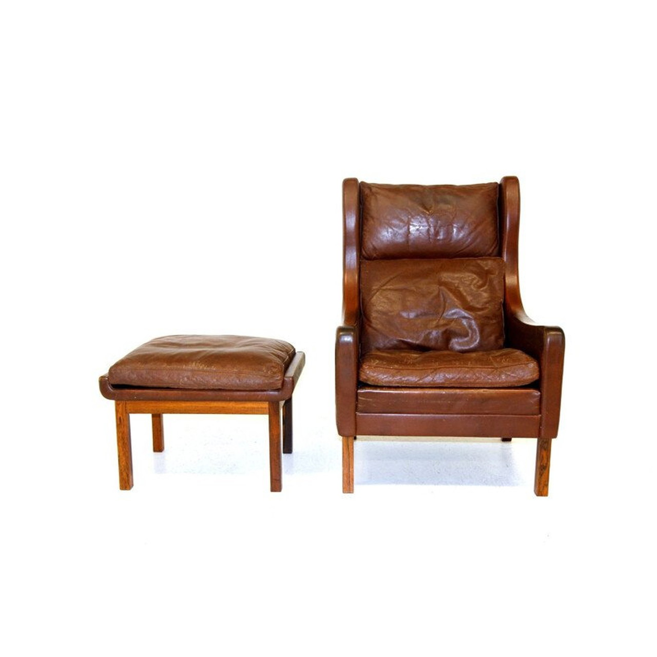 Vintage leather and rosewood armchair with footrest, Denmark 1960