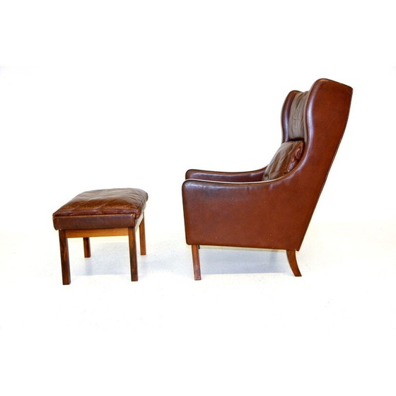 Image 1 of Poltrona vintage in pelle e palissandro con poggiapiedi, Danimarca 1960