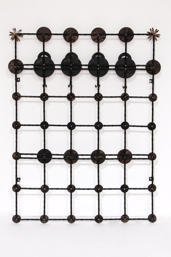 Image 1 of Brutalist wall coat rack with 12 hooks made of metal,1970