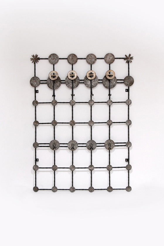 Image 1 of Brutalist wall coat rack with 12 hooks made of metal,1970