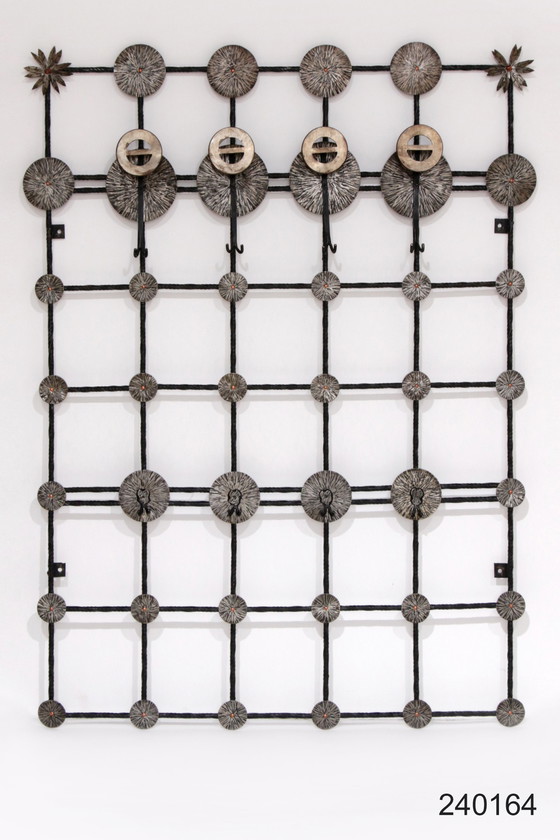 Image 1 of Brutalist wall coat rack with 12 hooks made of metal,1970