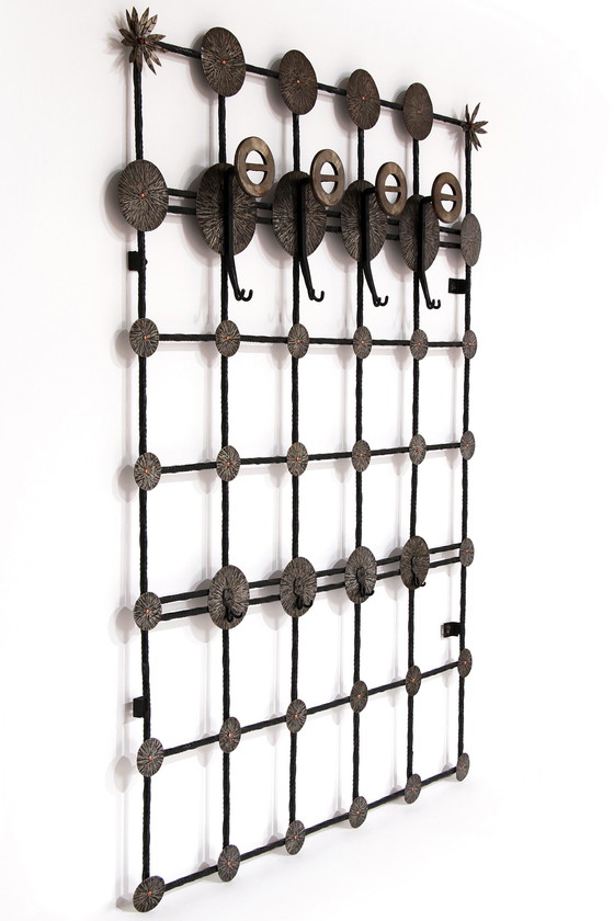 Image 1 of Brutalist wall coat rack with 12 hooks made of metal,1970