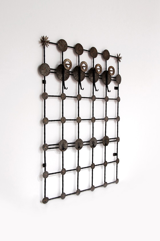 Image 1 of Brutalist wall coat rack with 12 hooks made of metal,1970