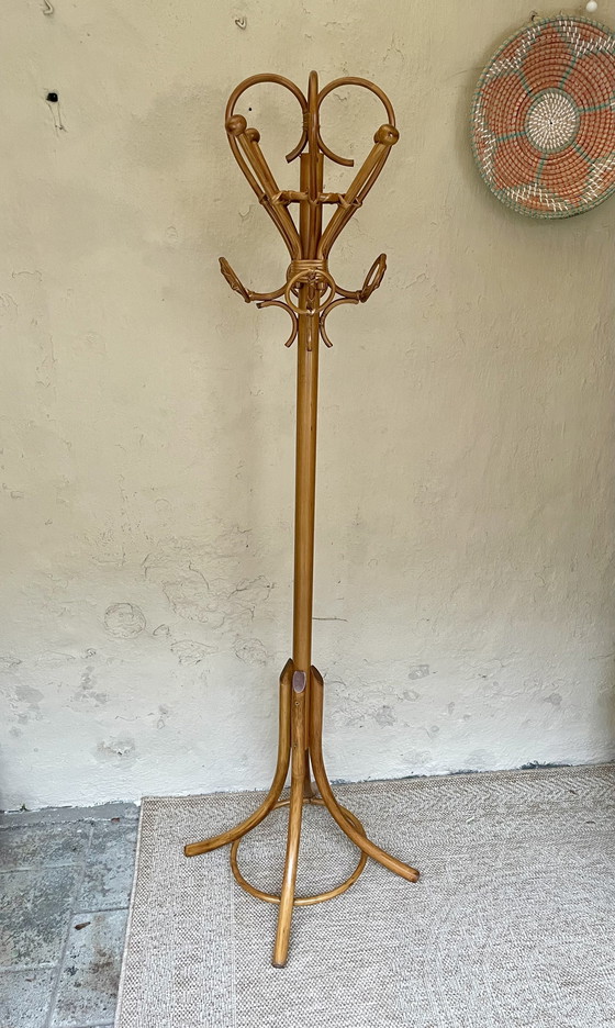 Image 1 of Boho Standing Coat Stand Wood And Braided Rattan H: 182Cm