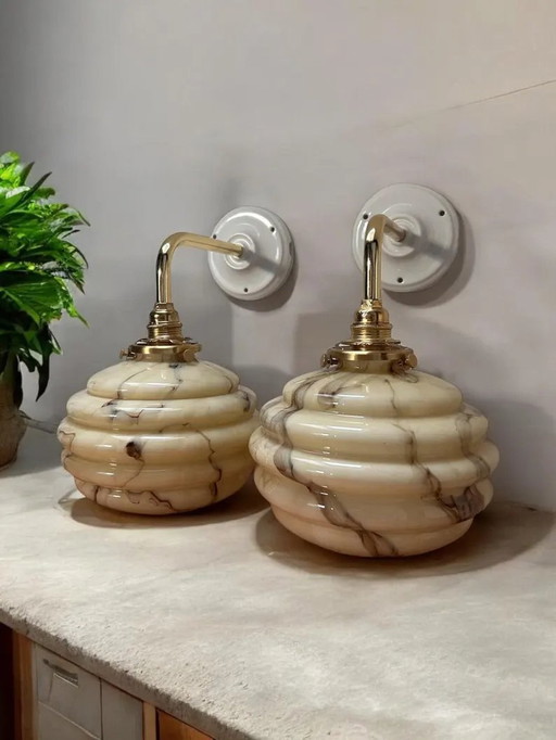 Pair Of Marbled Opaline Wall Lamps