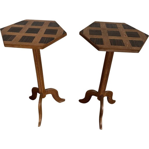 Pair of vintage hexagonal inlaid pedestal tables