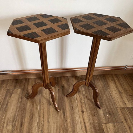 Pair of vintage hexagonal inlaid pedestal tables