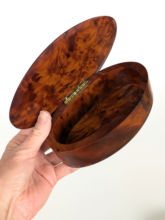 Image 1 of Lidded Jewellery Box | Oval Burl Wood & Brass | 1960'S