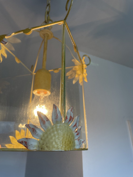Image 1 of Lampada a sospensione vintage in lamiera smaltata, design italiano, girasoli