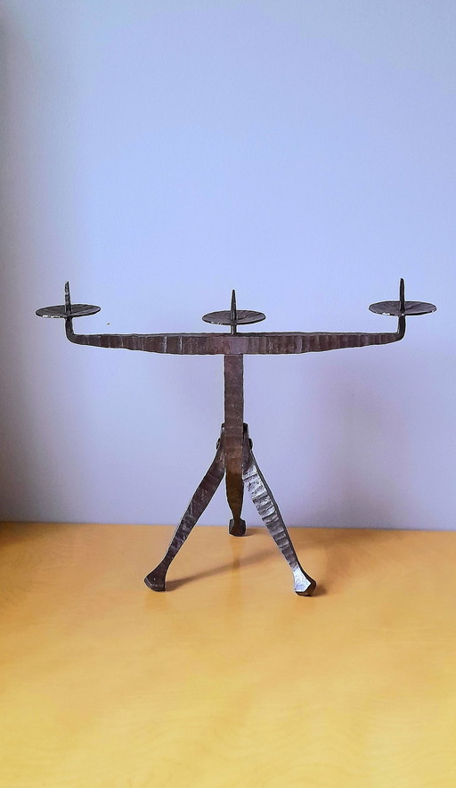 Brutalist Tripod Wrought Iron Candlestick, Les Artisans De Marolles, 1960