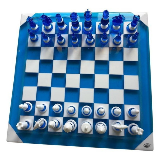 Image 1 of Handmade Italian Murano Art Glass Chess Board, Italian Glass From Venice - 33 Pieces