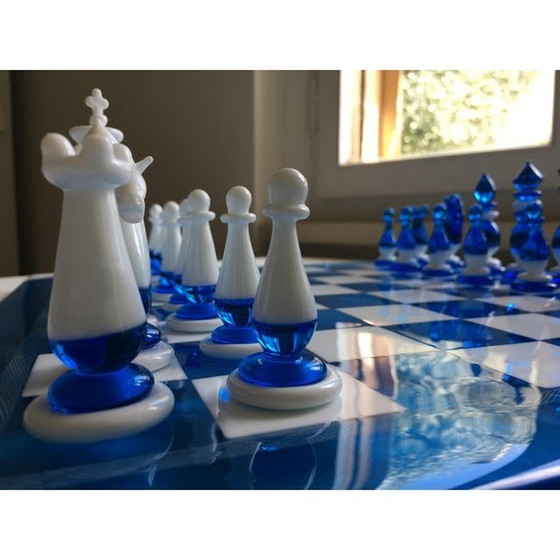 Image 1 of Handmade Italian Murano Art Glass Chess Board, Italian Glass From Venice - 33 Pieces