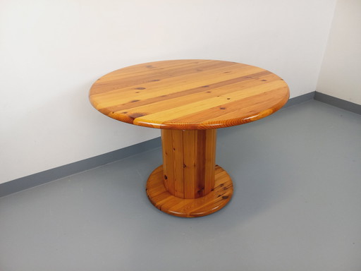 Vintage Scandinavian Pine Round Dining Table 60s-70s with Extensions
