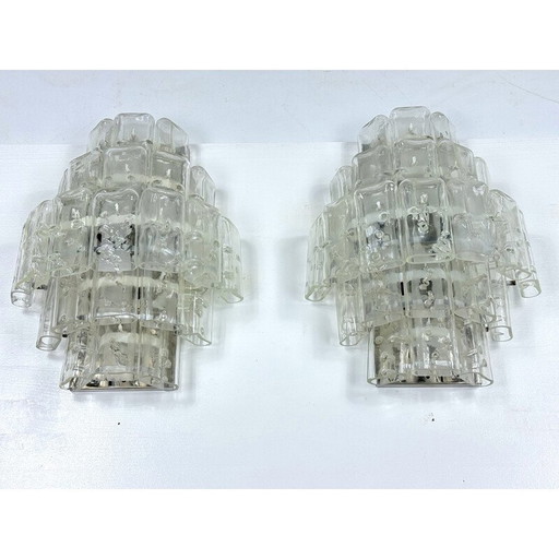 Pair of vintage clear Murano glass elements wall lamps, Italy 1970s