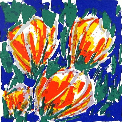 Ad van Hassel - Tulpen 2002 oranje/geel /100 – lithos zeefdrukken, Paper, Modern