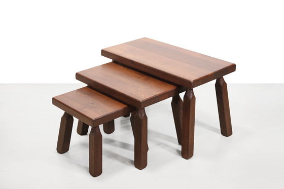 Image 1 of Set of three oak Brutalist nesting tables, 1970's