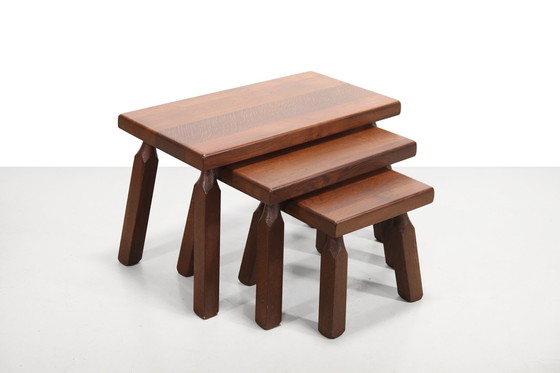 Image 1 of Set of three oak Brutalist nesting tables, 1970's