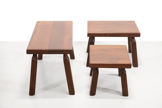 Image 1 of Set of three oak Brutalist nesting tables, 1970's