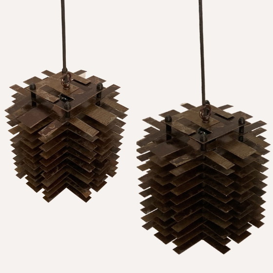 Image 1 of 2X Modernist Brutalist Copper And Metal Hanging Lamps, France