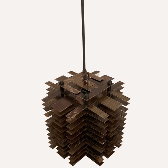 Image 1 of 2X Modernist Brutalist Copper And Metal Hanging Lamps, France