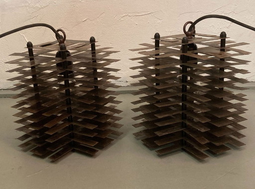 2X Modernist Brutalist Copper And Metal Hanging Lamps, France