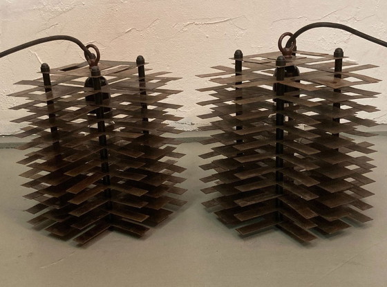 Image 1 of 2X Modernist Brutalist Copper And Metal Hanging Lamps, France