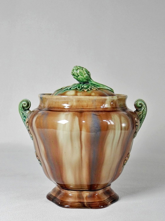 Image 1 of Pot/Bonbonnière Ancienne En Faïence De Rubelles, Émaux Ombrants, 1840-1860, Façon Barbotine. Corps Flammé Dans Les To