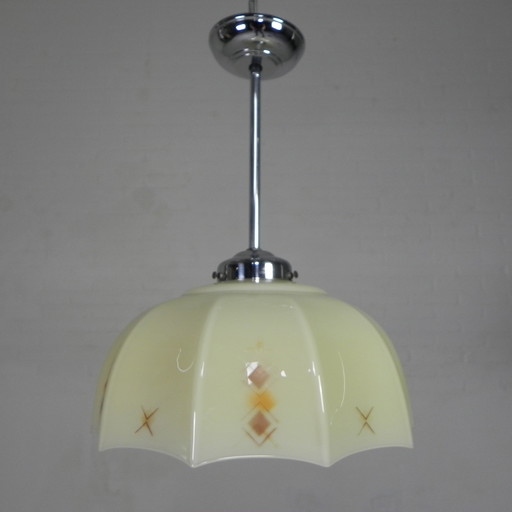 Lampe suspendue Art déco avec abat-jour en verre à dix côtés, années 1930