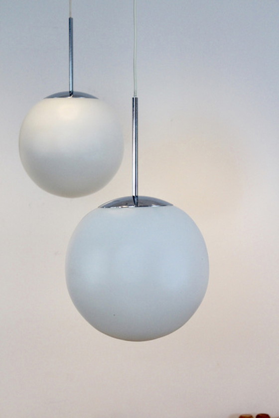 Image 1 of Peill & putzler chrome and opal glass bubble pendants, designed by wilhelm wagenfeld