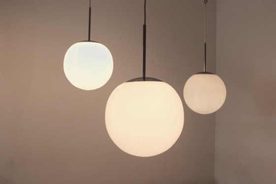 Image 1 of Peill & putzler chrome and opal glass bubble pendants, designed by wilhelm wagenfeld