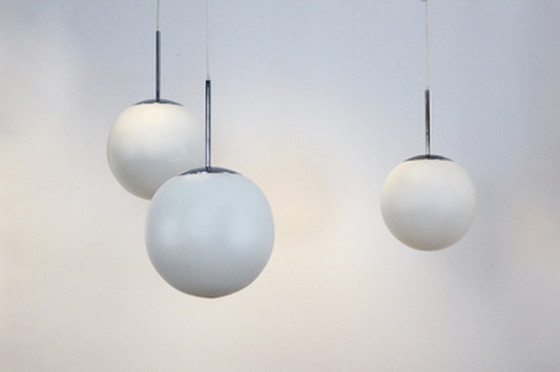 Image 1 of Peill & putzler chrome and opal glass bubble pendants, designed by wilhelm wagenfeld