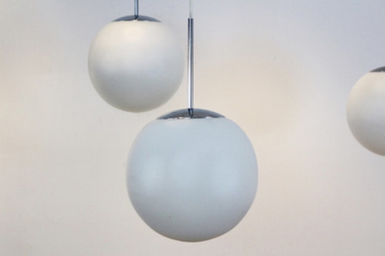 Image 1 of Peill & putzler chrome and opal glass bubble pendants, designed by wilhelm wagenfeld