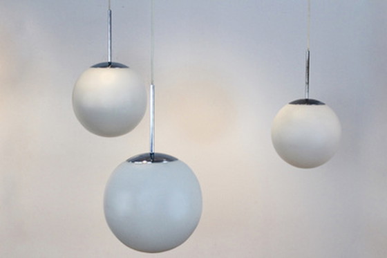 Image 1 of Peill & putzler chrome and opal glass bubble pendants, designed by wilhelm wagenfeld