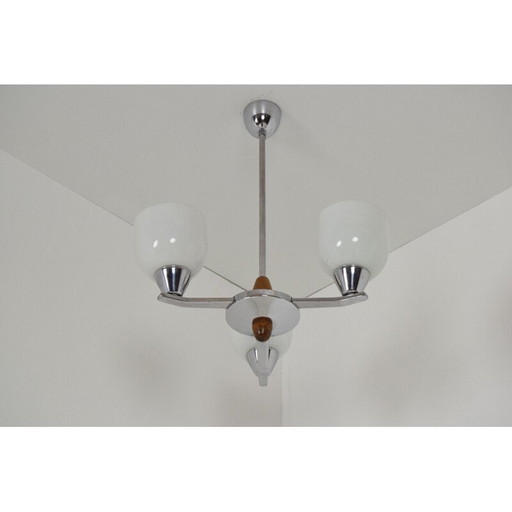 Vintage chandelier glass chrome, wood by Lidokov, Czechoslovakia 1970