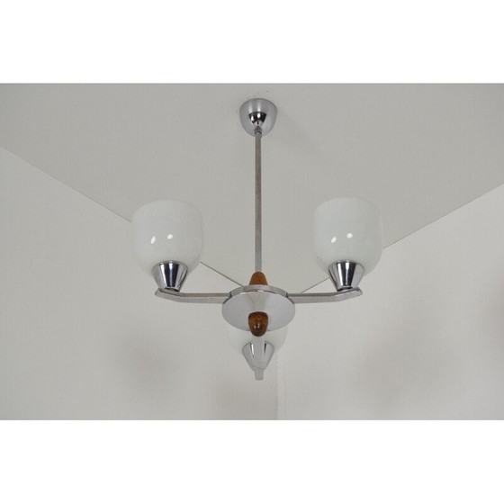 Image 1 of Vintage chandelier glass chrome, wood by Lidokov, Czechoslovakia 1970