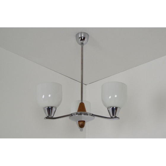 Image 1 of Vintage chandelier glass chrome, wood by Lidokov, Czechoslovakia 1970
